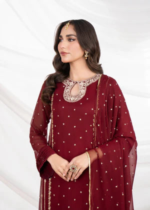 EMBROIDERED CHIFFON STITCHED 3 PIECE DRESS