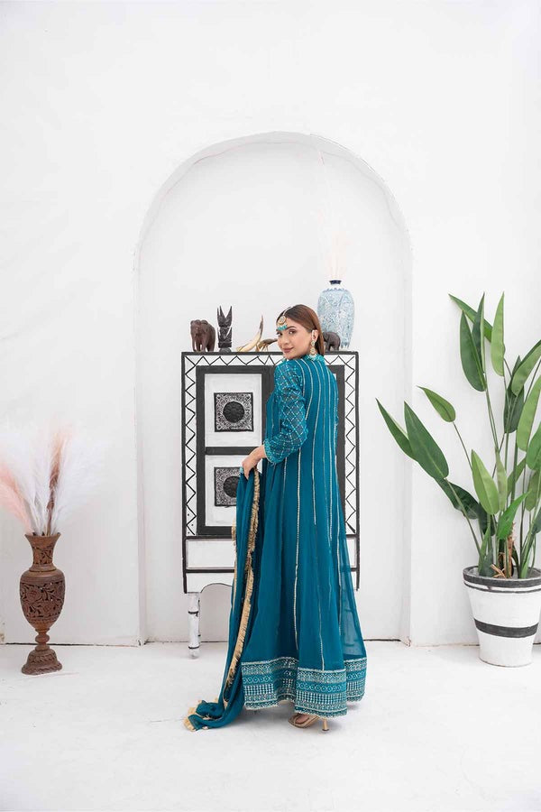 Chiffon Embroidered Maxi with Crepe Trouser & Chiffon Dupatta – All-Season Party Wear