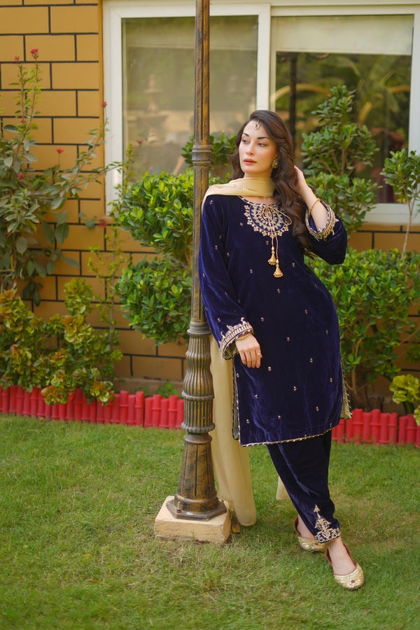 Opulent Navy Blue Velvet 3PC Ensemble with Gota & Zari Detailing