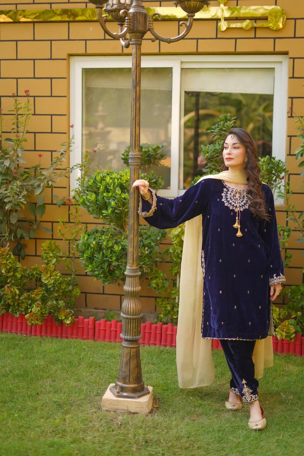 Opulent Navy Blue Velvet 3PC Ensemble with Gota & Zari Detailing