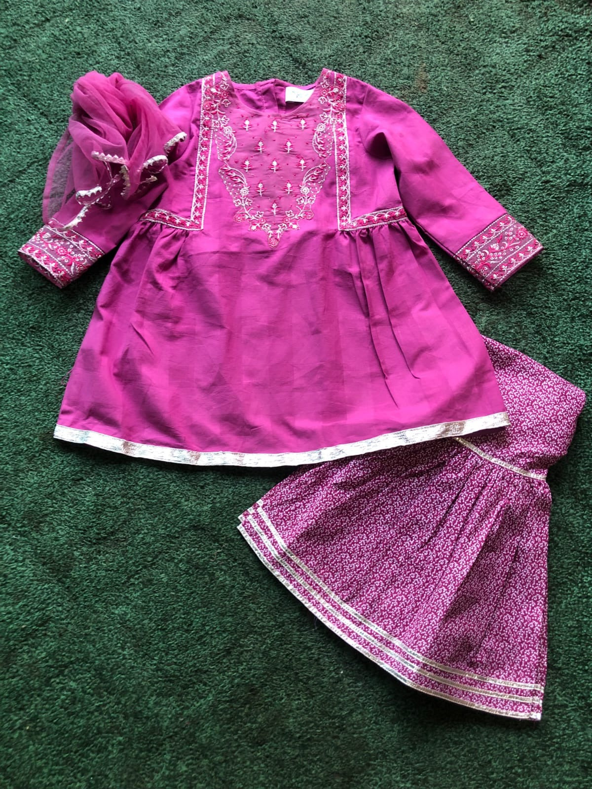 Magenta Embroidered Frock-Style Kurta with Printed Gharara & Net Dupatta – 3 Piece Festive Wear