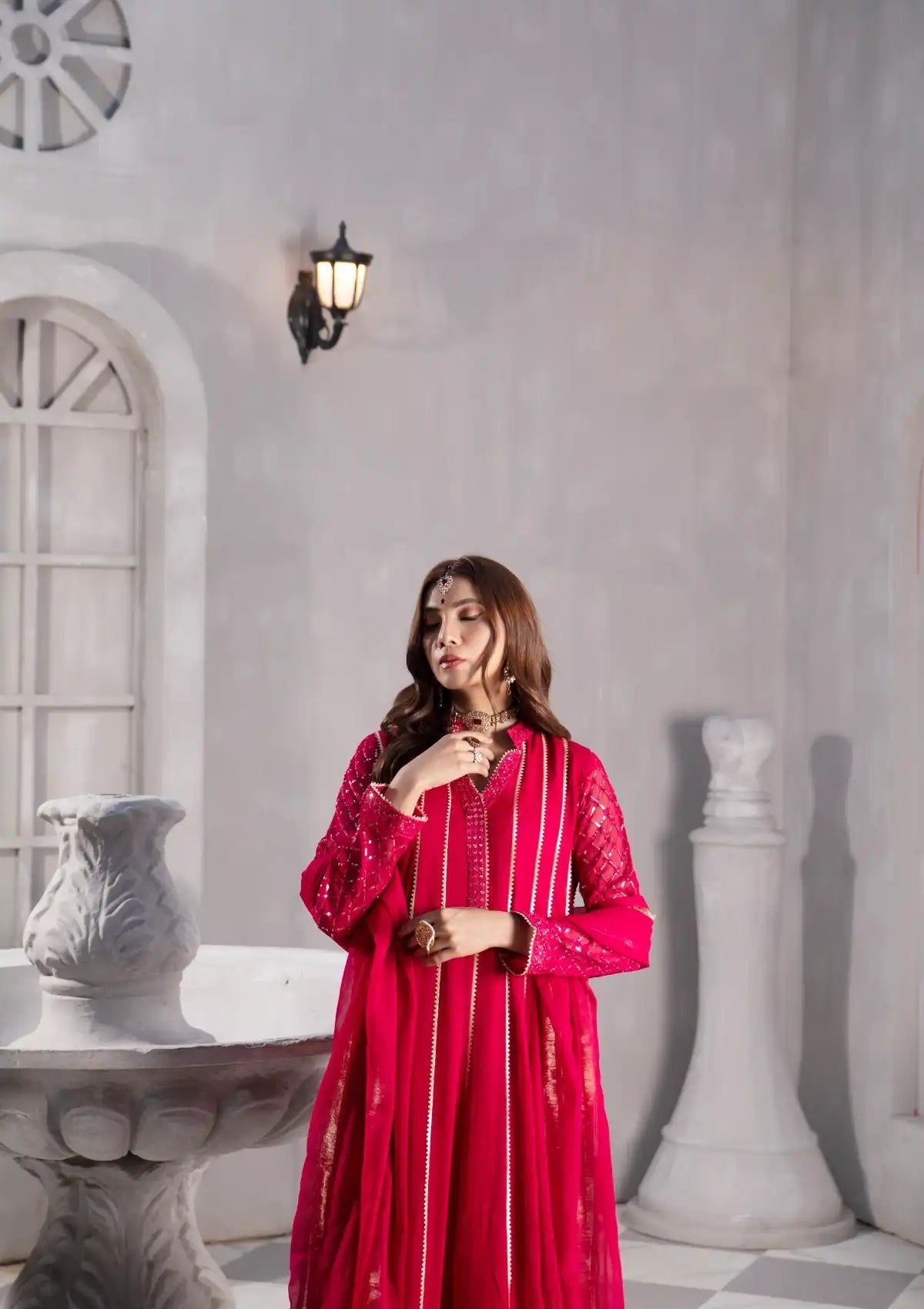 Luxury Red Anarkali Ensemble with Intricate Sleeve Embroidery & Flowing Dupatta