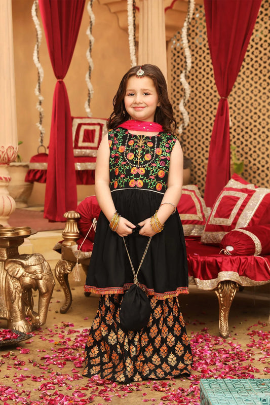 EMBROIDERED LAWN COTTON STITCHED 3PCS KIDS GARARA DRESS