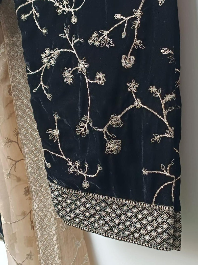3PC Velvet Formal Suit with Full Embroidered Shirt & Organza Dupatta