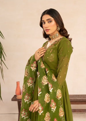 Olive Elegance – Festive Angrakha Maxi Set with Silk Trousers & Organza Dupatta