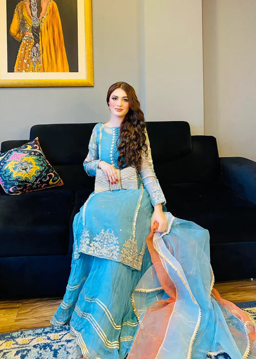 EMBROIDERED ORGANZA STITCHED 3 PIECE SHARARA DRESS