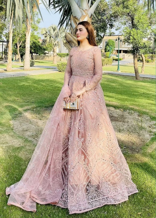 Embellished Tea Pink Maxi Dress with Pearl & Mirror Work