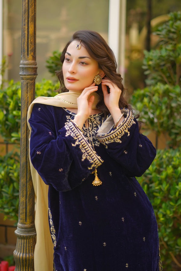 Opulent Navy Blue Velvet 3PC Ensemble with Gota & Zari Detailing