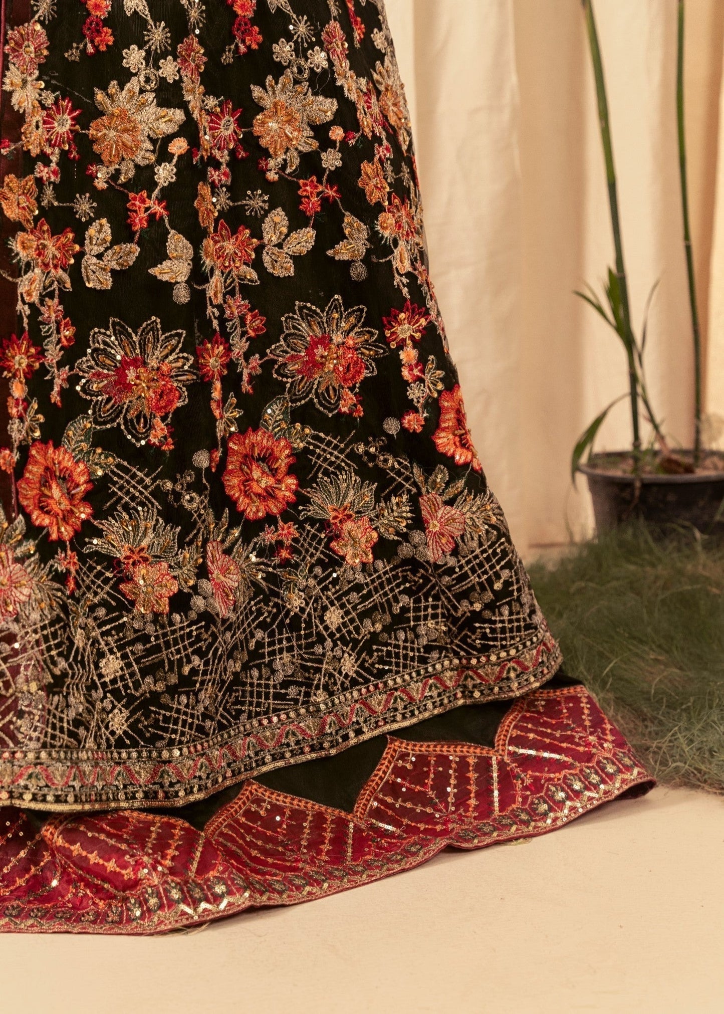 Maheen Black Embroidered Flared Maxi Set with Satin Trousers & Net Dupatta