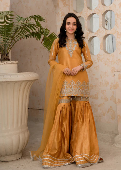GOLD RAWSILK GHARARA 3 PIECE DRESS
