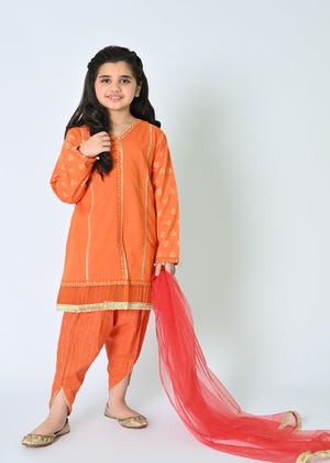 Pumpkin Orange Embroidered Dobby 3-Piece Shalwar Kameez with Net Dupatta – Summer Festive Wear