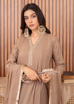 Camel Brown Embroidered Chiffon Flared Pishwas Maxi with Crepe Straight Trouser & Chiffon Dupatta