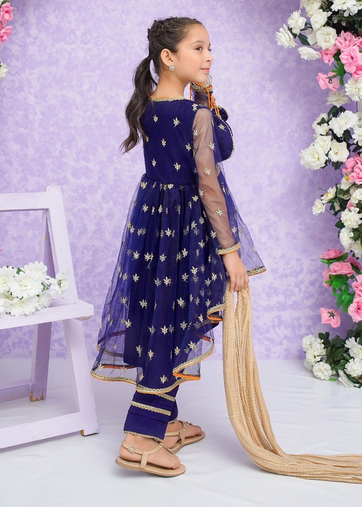 Blue Embroidered Net Frock Suit for Girls – 3 Piece Stitched Ready-to-Wear Set