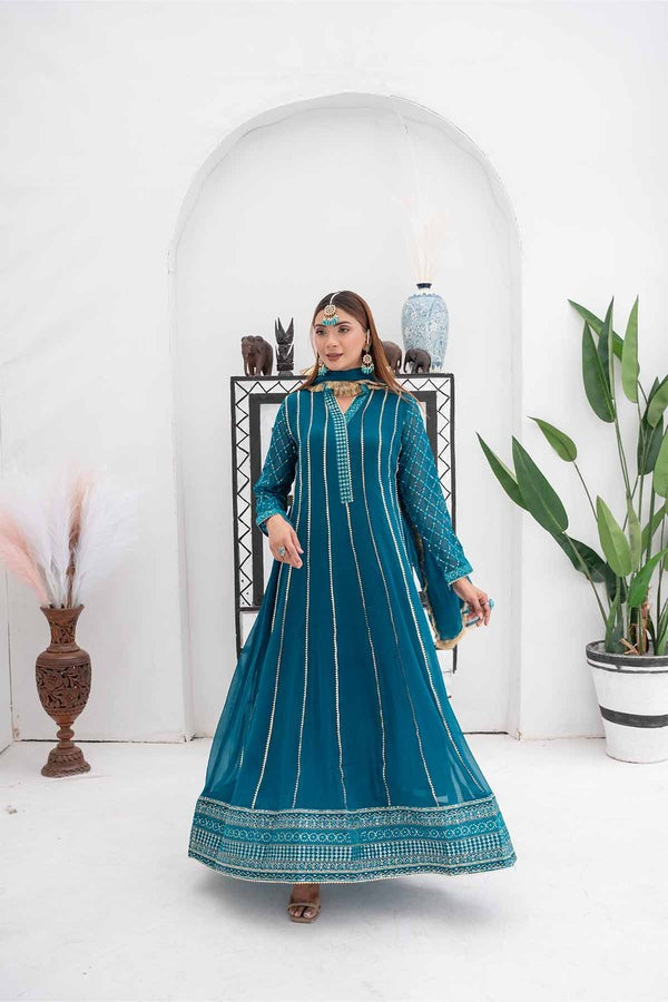 Chiffon Embroidered Maxi with Crepe Trouser & Chiffon Dupatta – All-Season Party Wear