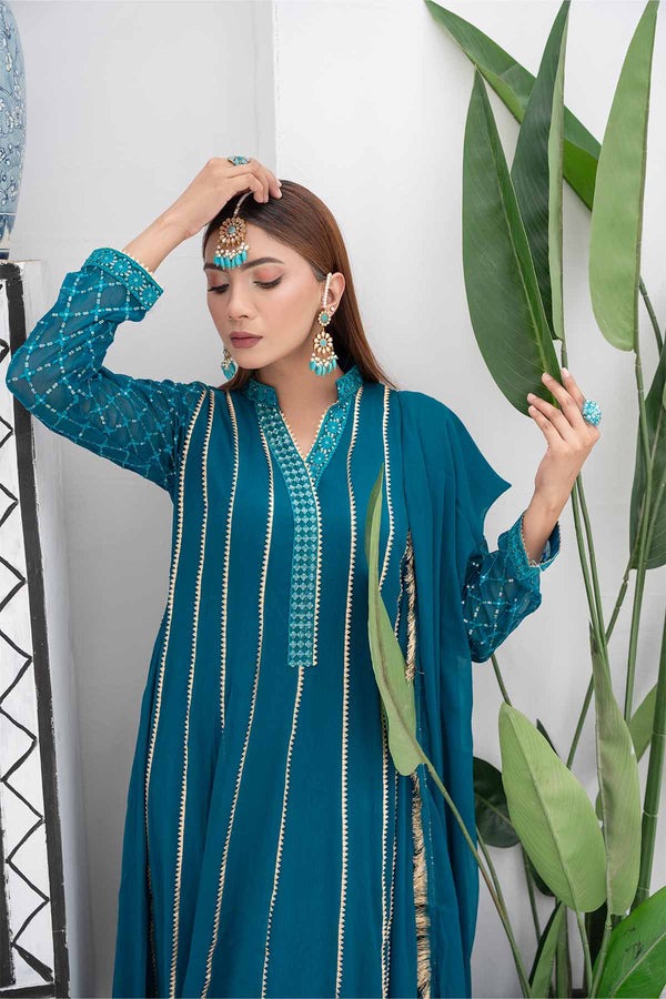 Chiffon Embroidered Maxi with Crepe Trouser & Chiffon Dupatta – All-Season Party Wear