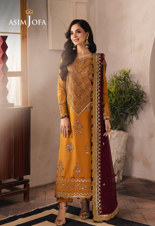 Mustard Custom Embroidered 3-Piece Set – Jumbo Silk Shirt, Chiffon Dupatta & Silk Pants