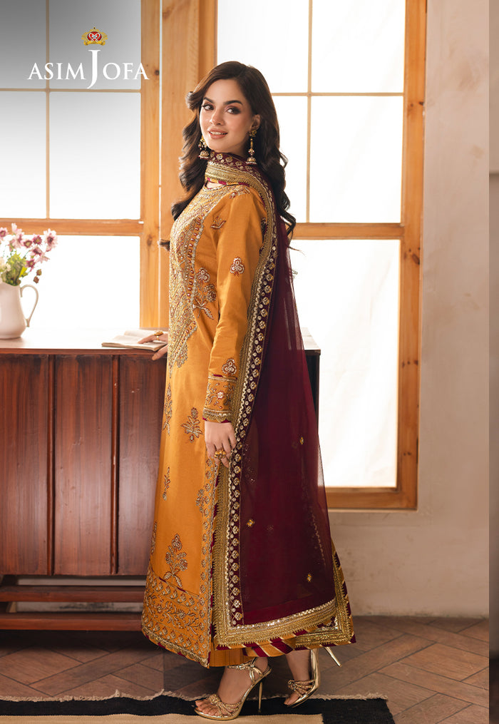 Mustard Custom Embroidered 3-Piece Set – Jumbo Silk Shirt, Chiffon Dupatta & Silk Pants