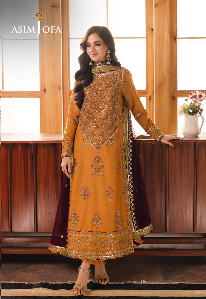 Mustard Custom Embroidered 3-Piece Set – Jumbo Silk Shirt, Chiffon Dupatta & Silk Pants