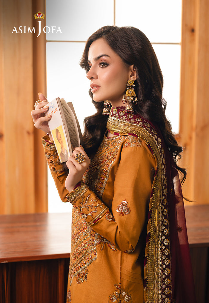 Mustard Custom Embroidered 3-Piece Set – Jumbo Silk Shirt, Chiffon Dupatta & Silk Pants