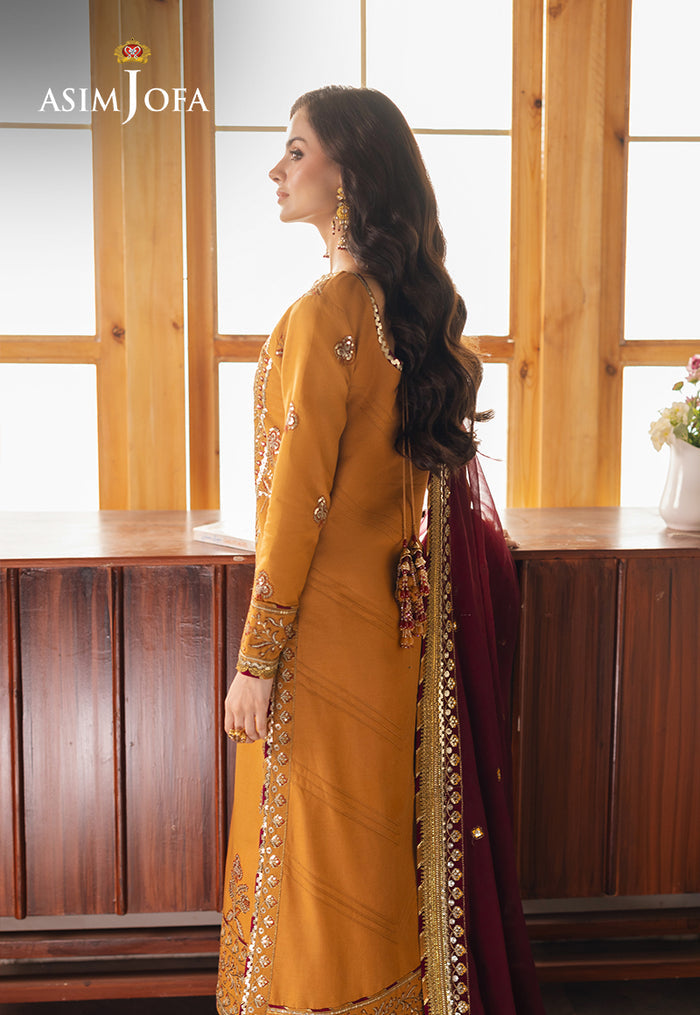 Mustard Custom Embroidered 3-Piece Set – Jumbo Silk Shirt, Chiffon Dupatta & Silk Pants