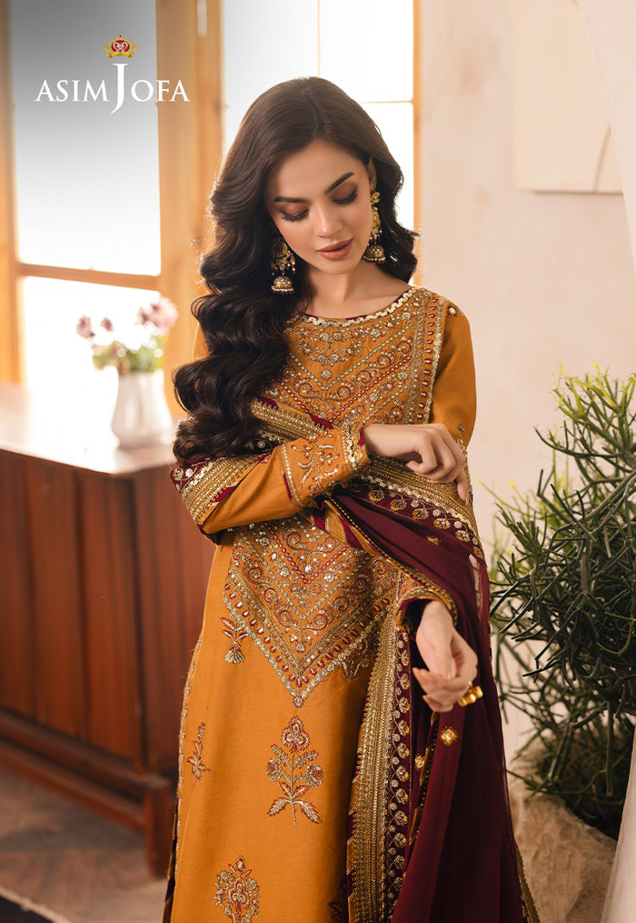 Mustard Custom Embroidered 3-Piece Set – Jumbo Silk Shirt, Chiffon Dupatta & Silk Pants