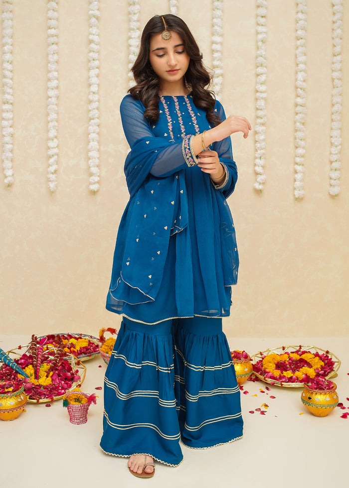 Blue Embroidered Chiffon Peplum Gharara 3-Piece Festive Suit