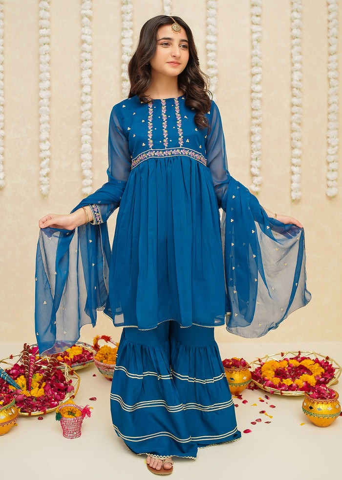 Blue Embroidered Chiffon Peplum Gharara 3-Piece Festive Suit