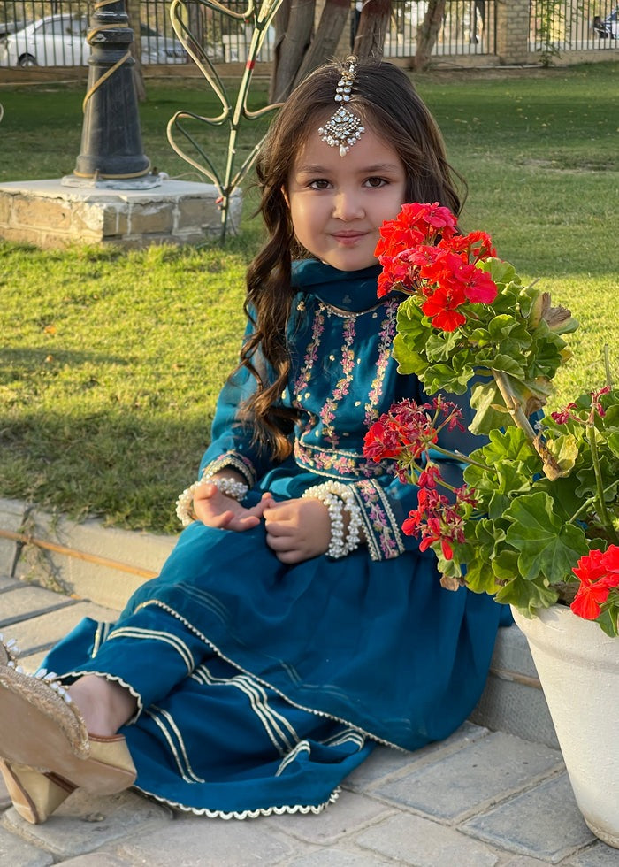 Blue Embroidered Chiffon Peplum Gharara 3-Piece Festive Suit