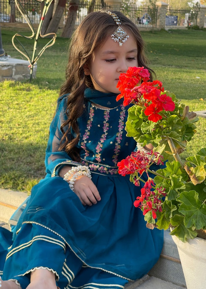 Blue Embroidered Chiffon Peplum Gharara 3-Piece Festive Suit