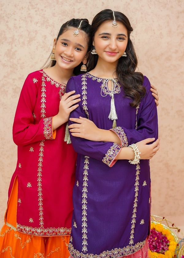 Pink Embroidered Raw Silk 3-Piece Set with Organza Dupatta – Wide-Leg Gharara