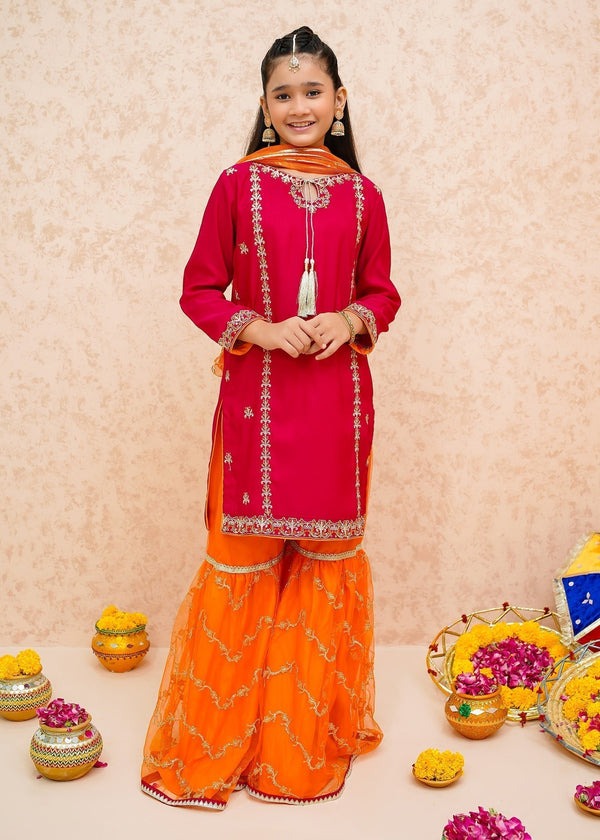 Pink Embroidered Raw Silk 3-Piece Set with Organza Dupatta – Wide-Leg Gharara