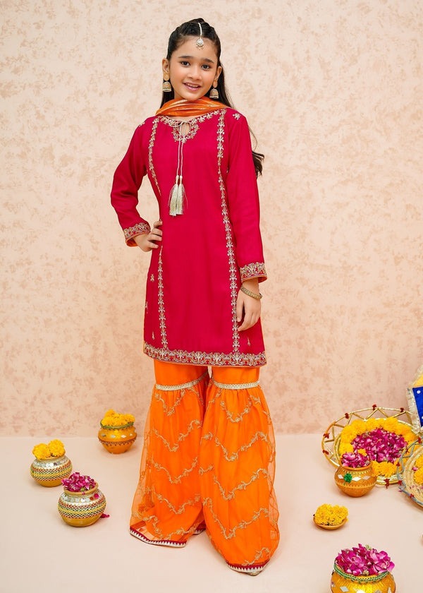 Pink Embroidered Raw Silk 3-Piece Set with Organza Dupatta – Wide-Leg Gharara