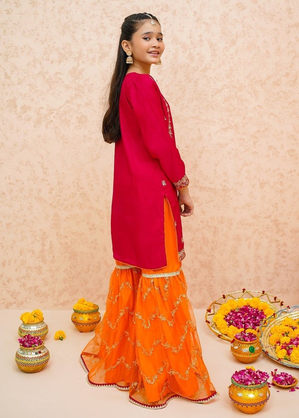 Pink Embroidered Raw Silk 3-Piece Set with Organza Dupatta – Wide-Leg Gharara