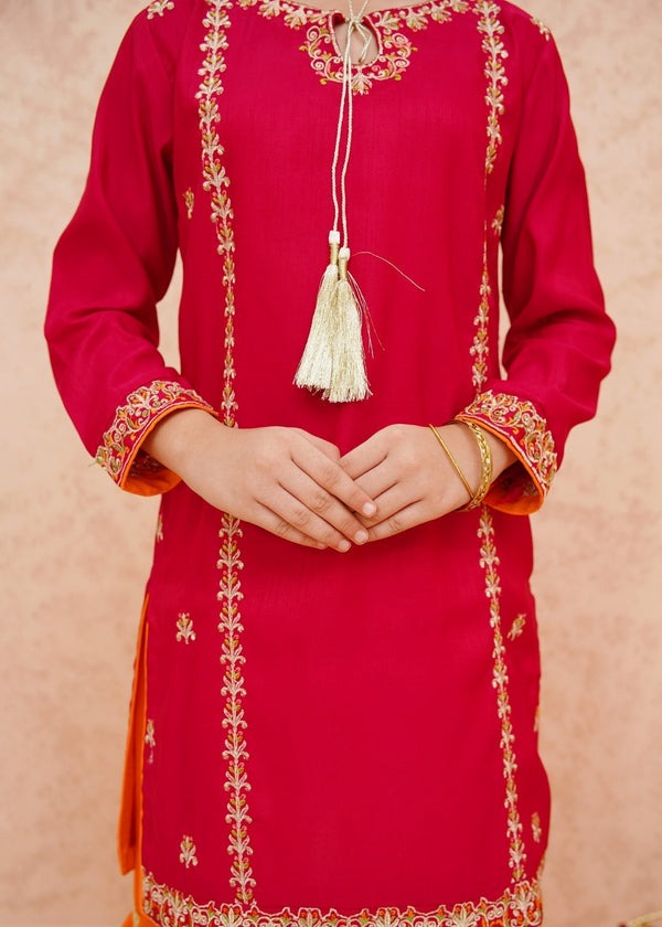 Pink Embroidered Raw Silk 3-Piece Set with Organza Dupatta – Wide-Leg Gharara