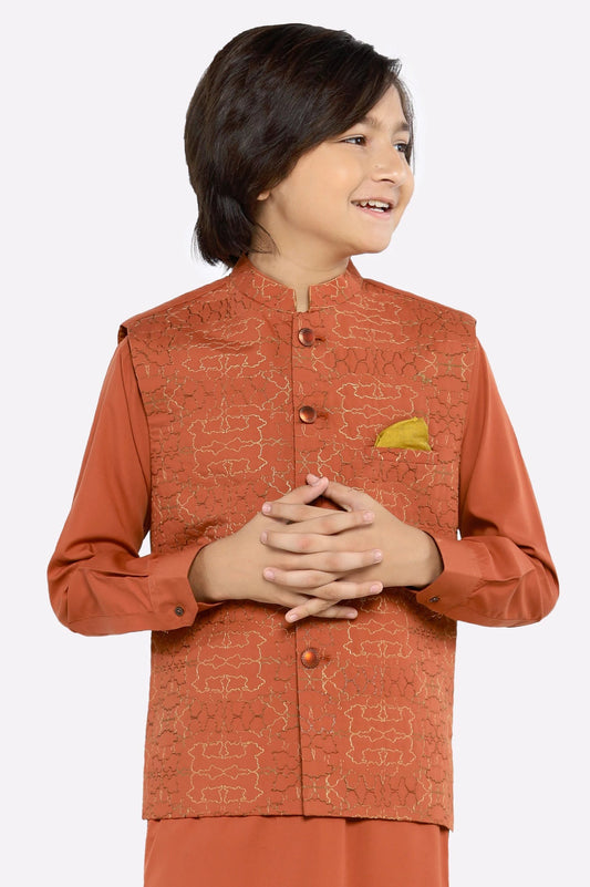 Rust Boys Kurta Shalwar With Waistcoat