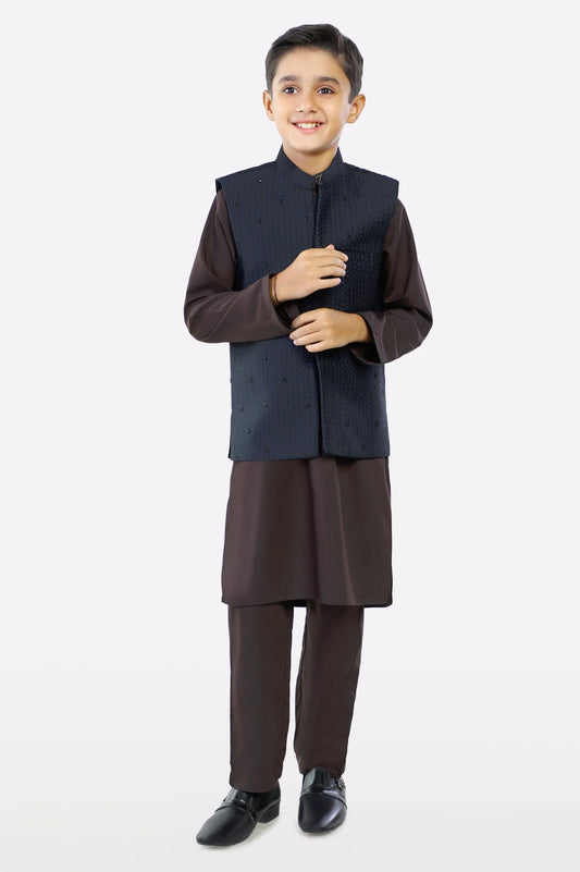 Navy Blue Boys Kurta Shalwar With Waistcoat