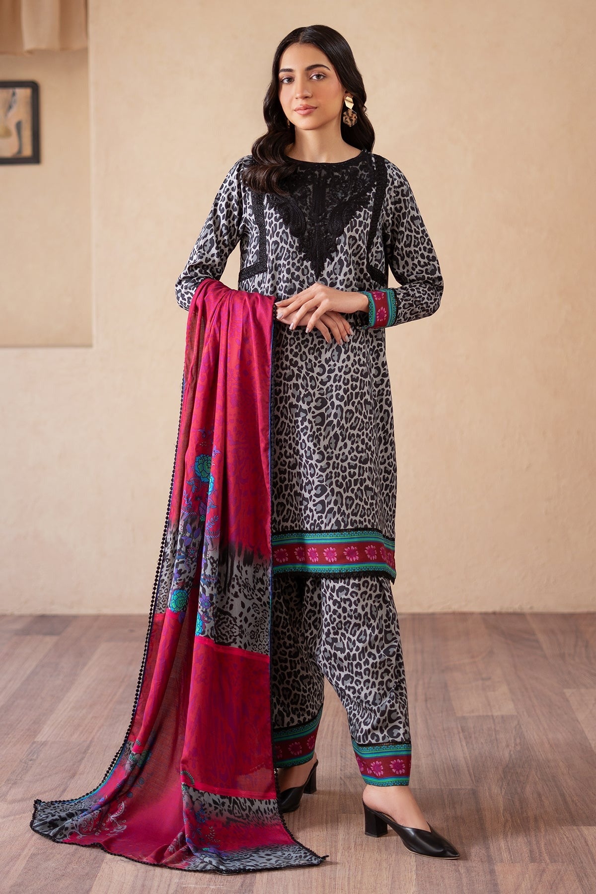 3-PC Raw-Silk Printed Shirt with Staple Shawl and Trouser