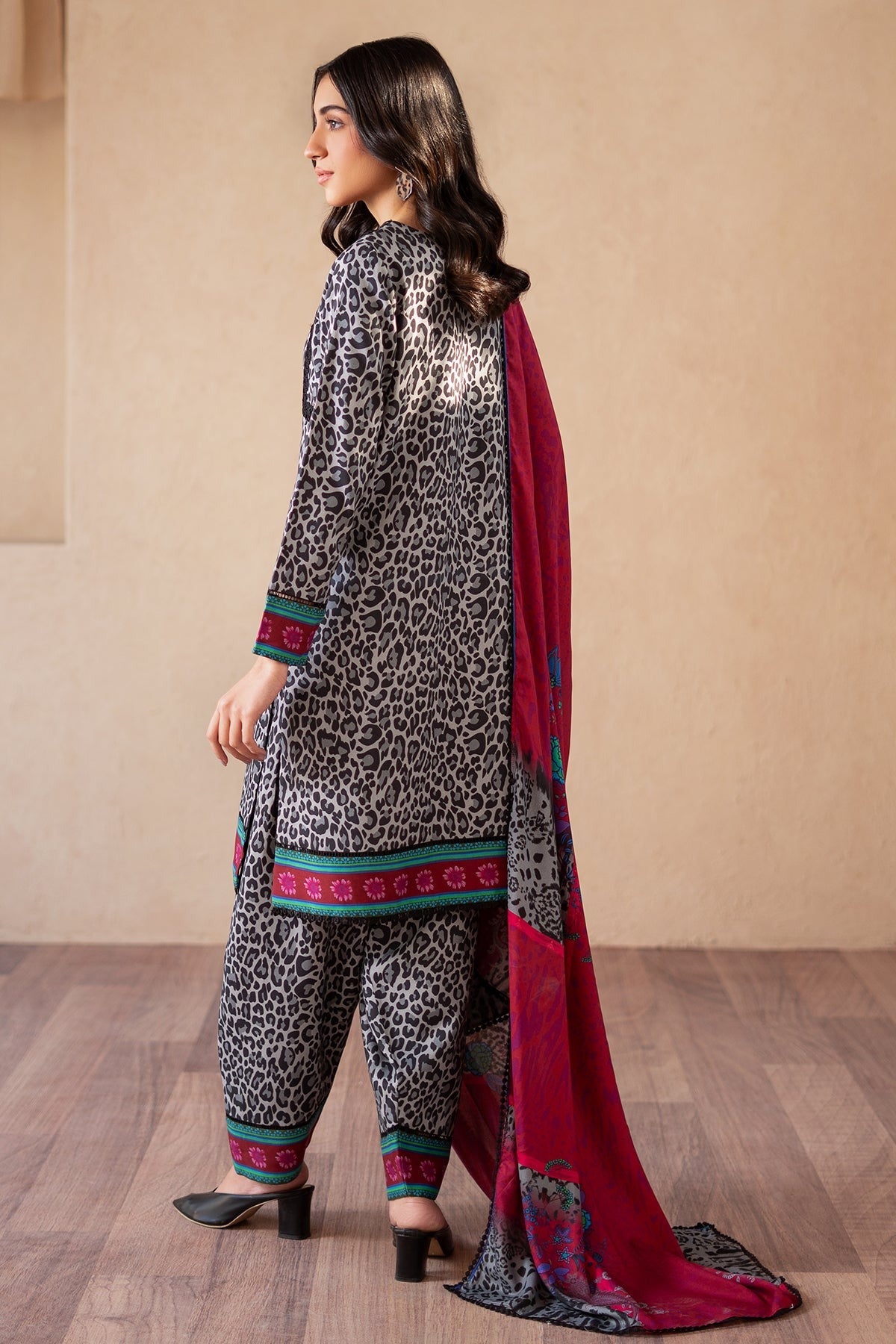 3-PC Raw-Silk Printed Shirt with Staple Shawl and Trouser