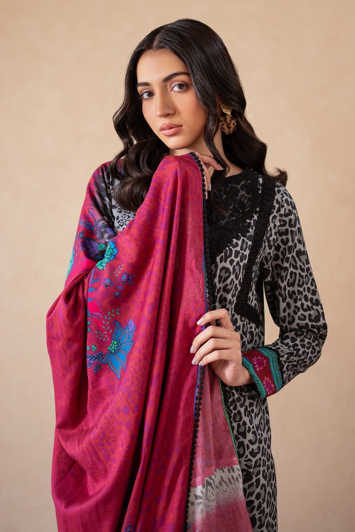 3-PC Raw-Silk Printed Shirt with Staple Shawl and Trouser