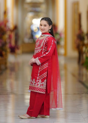 Hot Pink Embroidered Khaddi Net 3-Piece Girls Suit