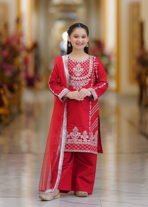 Hot Pink Embroidered Khaddi Net 3-Piece Girls Suit