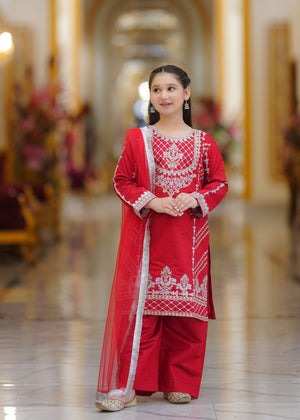 Hot Pink Embroidered Khaddi Net 3-Piece Girls Suit