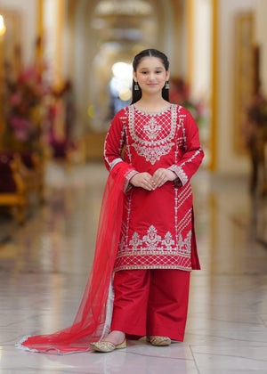 Hot Pink Embroidered Khaddi Net 3-Piece Girls Suit
