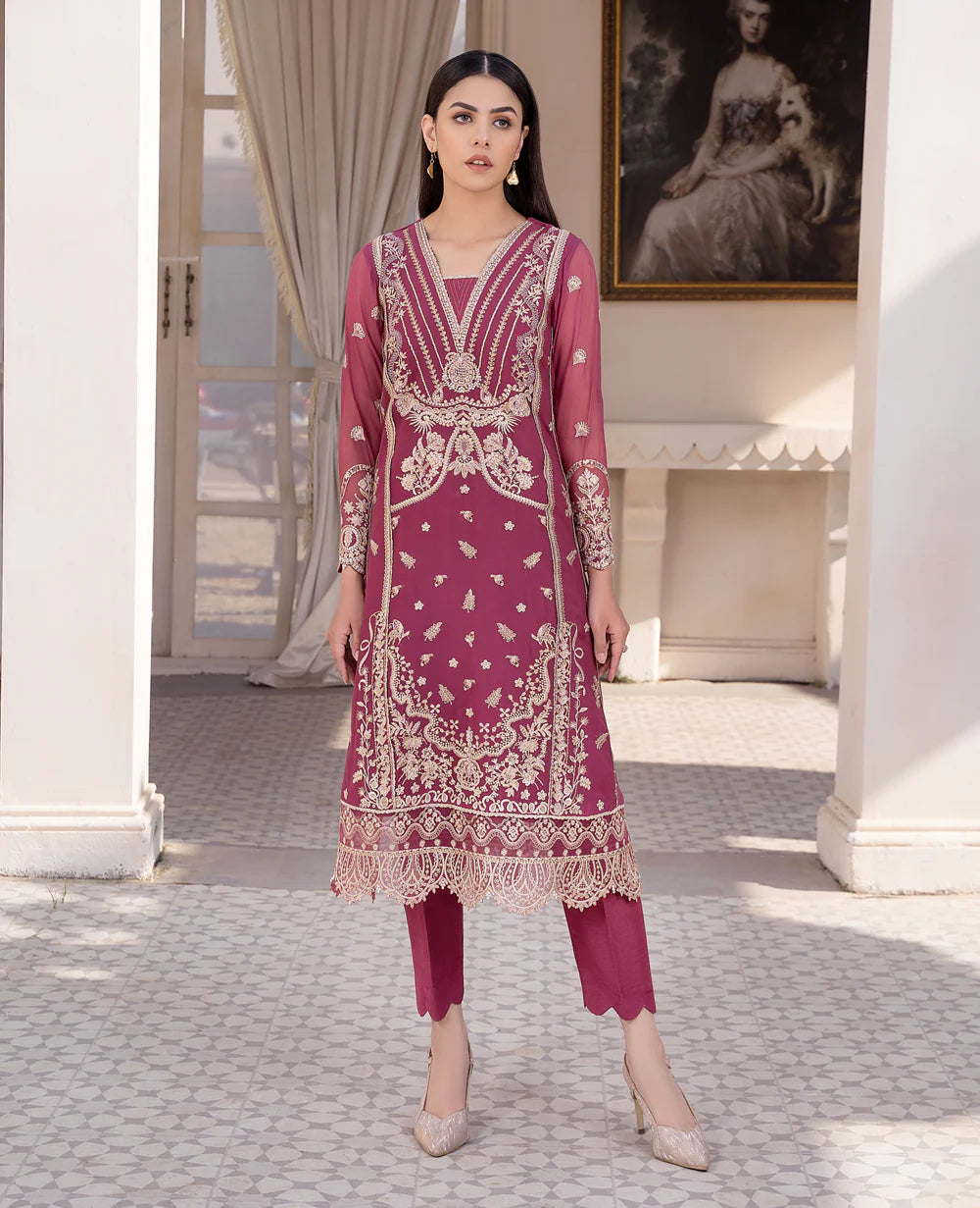 EMBROIDERED CHIFFON STITCHED 3 PIECE DRESS