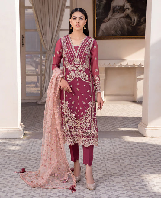 EMBROIDERED CHIFFON STITCHED 3 PIECE DRESS