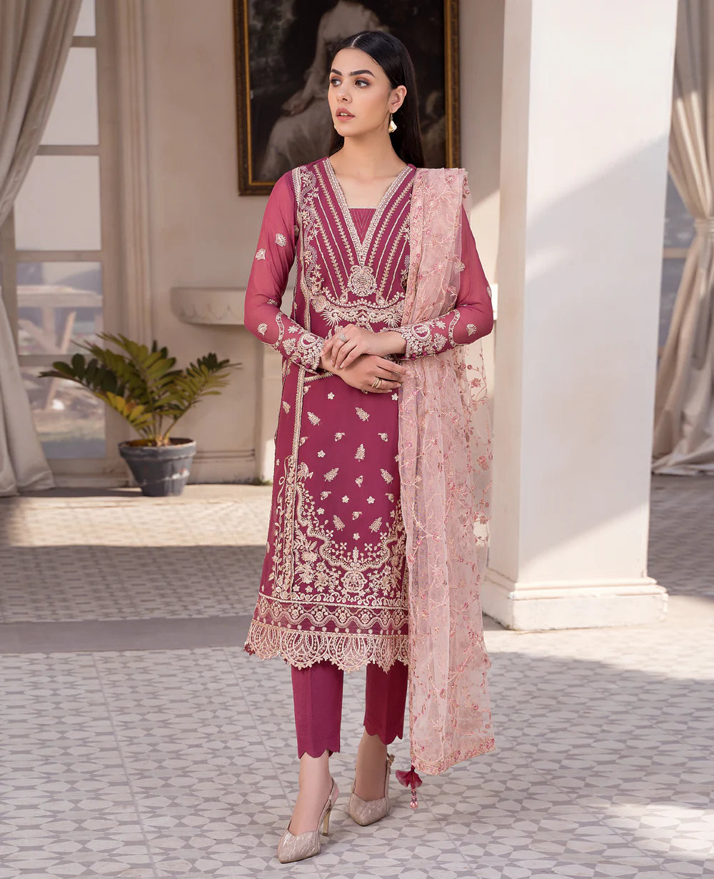 EMBROIDERED CHIFFON STITCHED 3 PIECE DRESS
