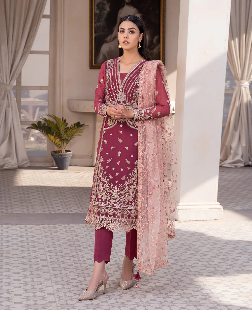 EMBROIDERED CHIFFON STITCHED 3 PIECE DRESS