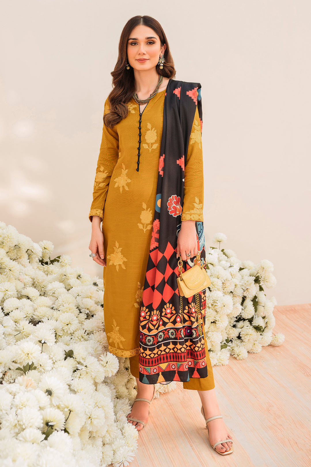 PRINTED KHADDAR STITCHED 3 PIECE DRESS