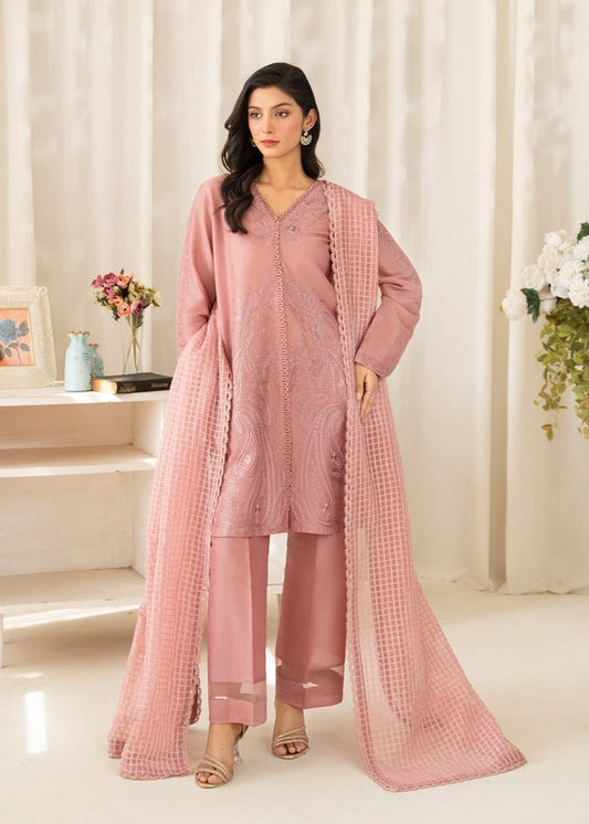 Embroidered Front-Open Shirt with Straight Trouser & Organza Dupatta