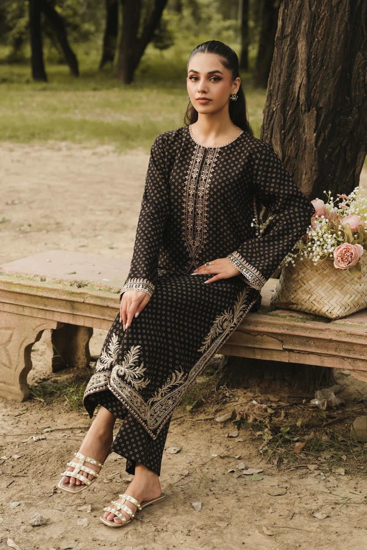 EMBROIDERED VISCOSE STITCHED 3 PIECE DRESS